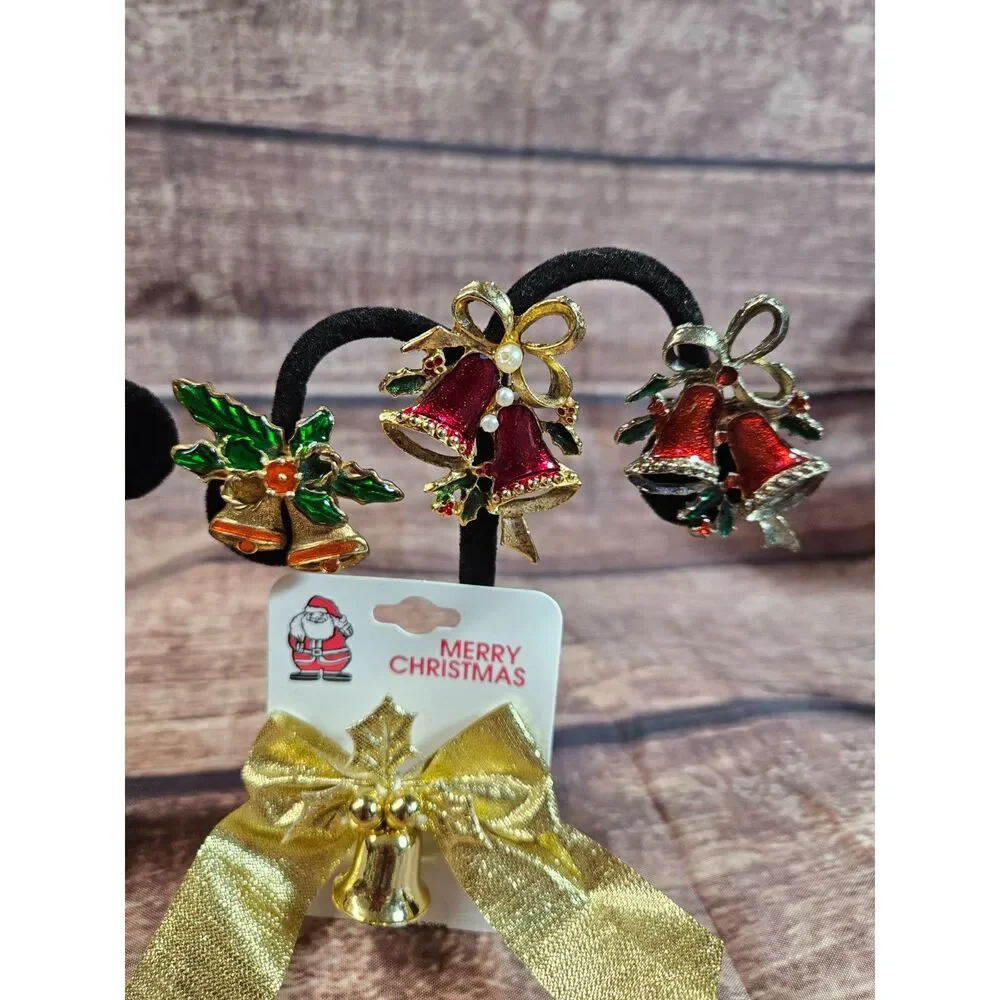 Lot of 7 Vintage Christmas Bell Brooches Enamel Colored Gold Tone Unsigned.